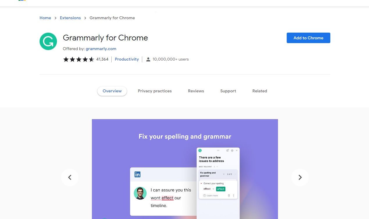 Страница загрузки расширения Grammarly
