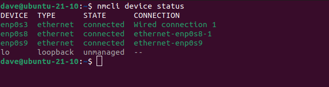 Вывод nmcli device status в терминале