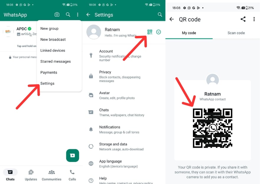 Процесс создания QR‑кода в WhatsApp на Android