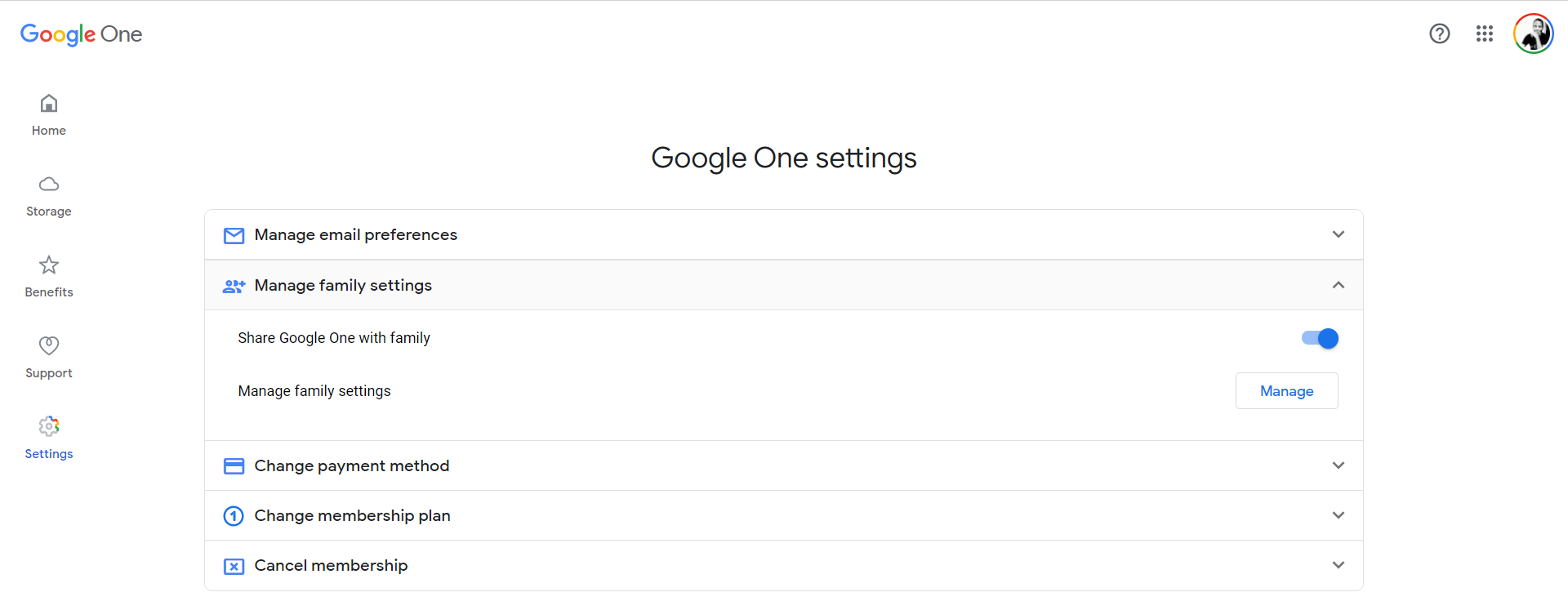 Иллюстрация: включение совместного доступа в настройках Google One