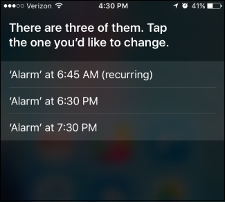 Siri предлагает выбрать будильник для изменения