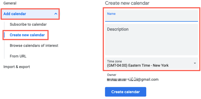 Разверните Добавить календарь и выберите Создать новый календарь