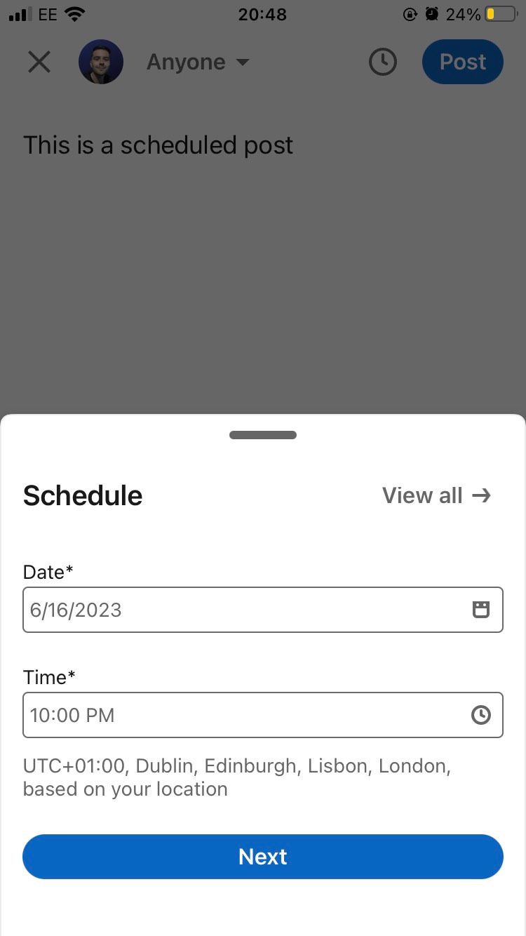 A post being scheduled on the LinkedIn iOS app