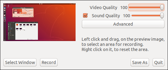 интерфейс recordMyDesktop с опциями выбора области записи