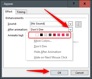 Параметры затемнения после анимации