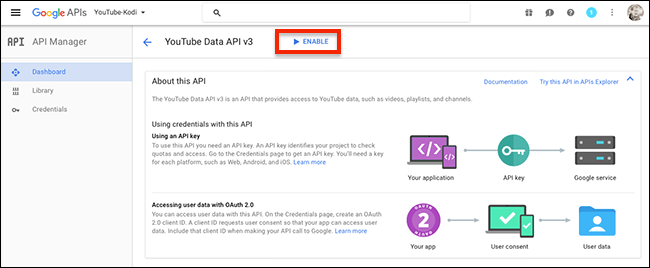 Кнопка включения YouTube Data API