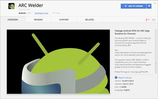 ARC Welder Oberfläche im Chrome‑Browser