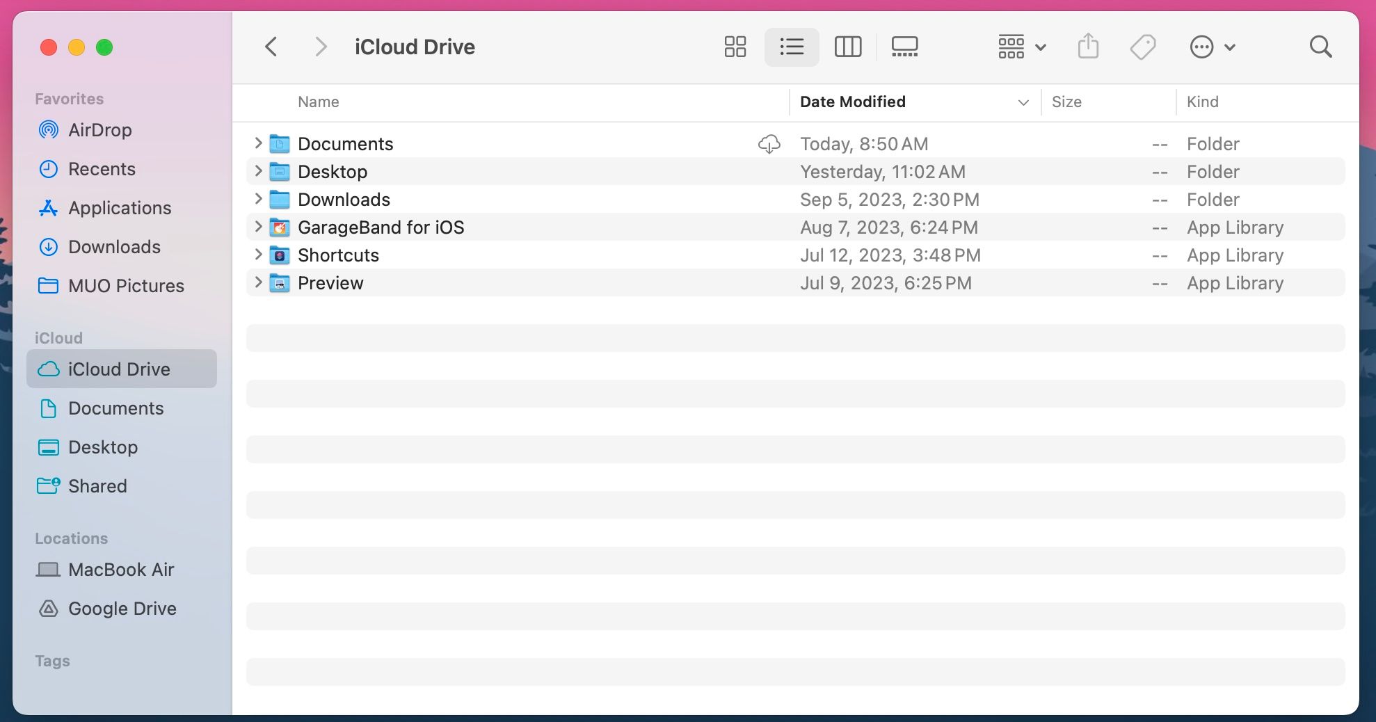 Вкладка iCloud Drive в Finder на macOS
