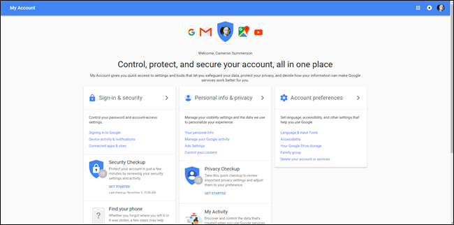 Страница аккаунта Google с разделом настроек рекламы