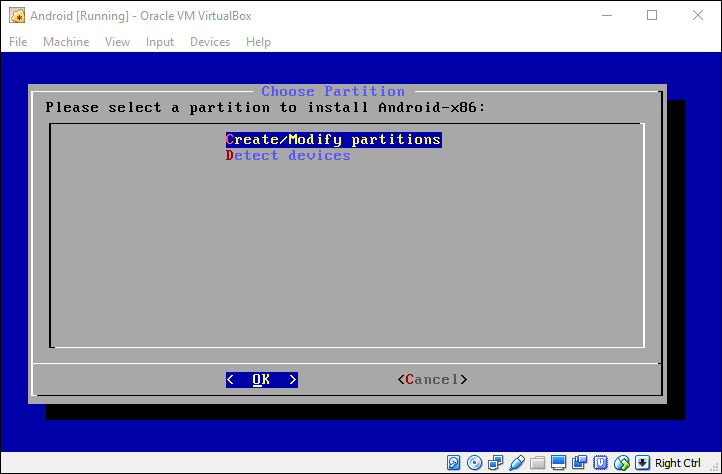 Выбор создания разделов в установщике Android-x86