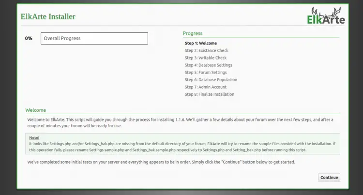 Установщик ElkArte — экран приветствия
