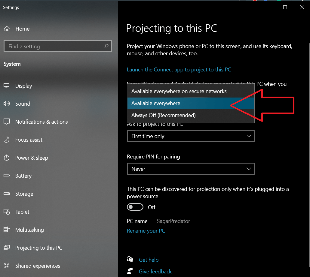 Выберите «Доступно повсюду» или «Доступно повсюду в защищённых сетях»