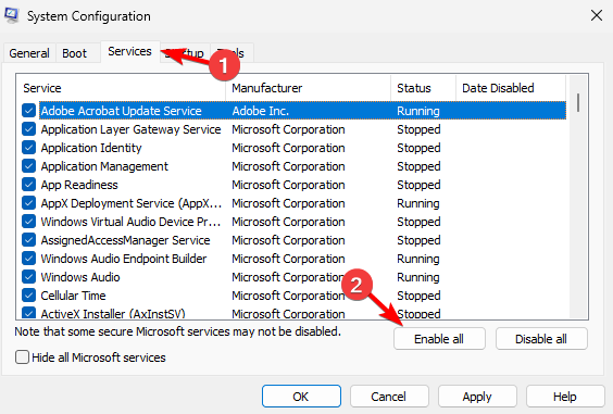 services tab enable all button