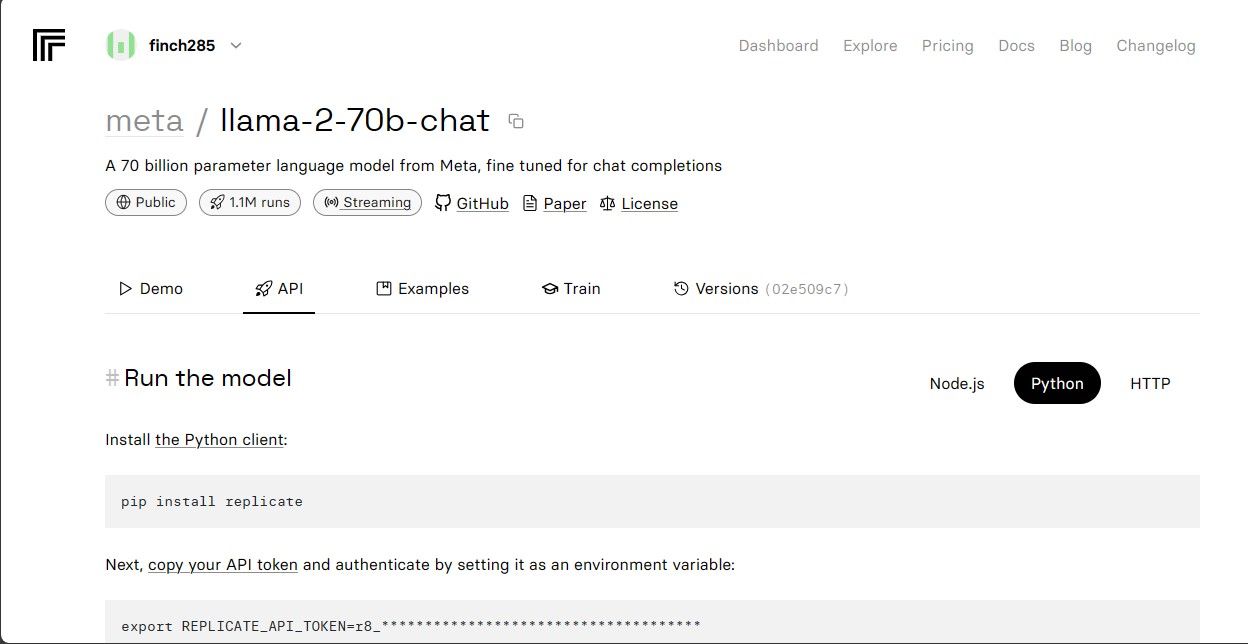 Страница API токена модели llama-2–70b-chat для Python на Replicate