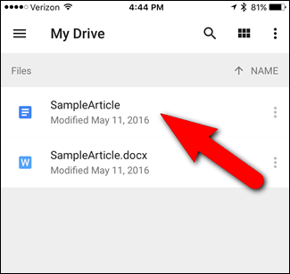 Документ Google Docs в Drive на iOS