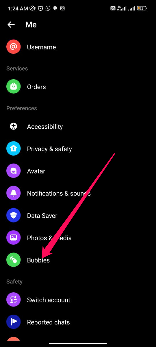 Esempio di opzioni per le bolle in Messenger