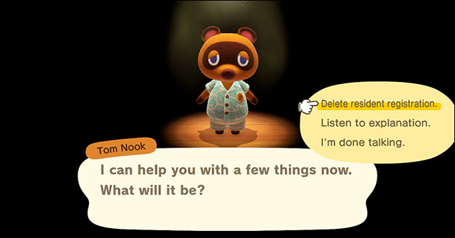 Экран удаления регистрации жителя в Animal Crossing: New Horizons