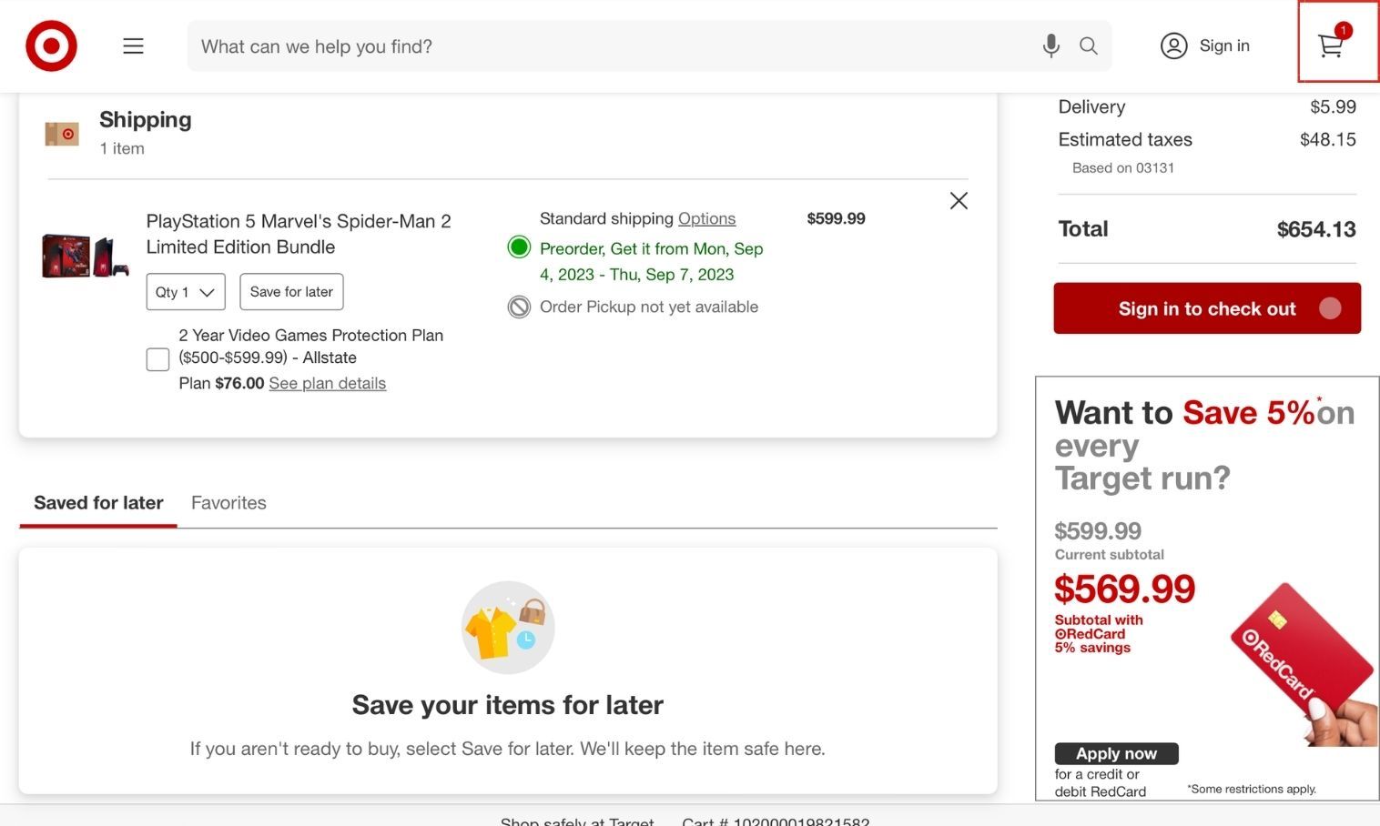 Процесс предзаказа: переход в корзину на сайте Target