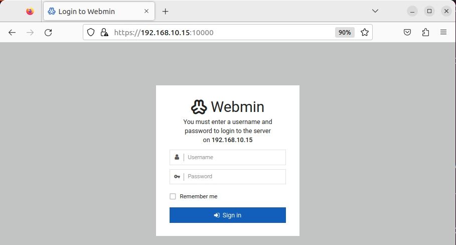 страница входа в панель Webmin