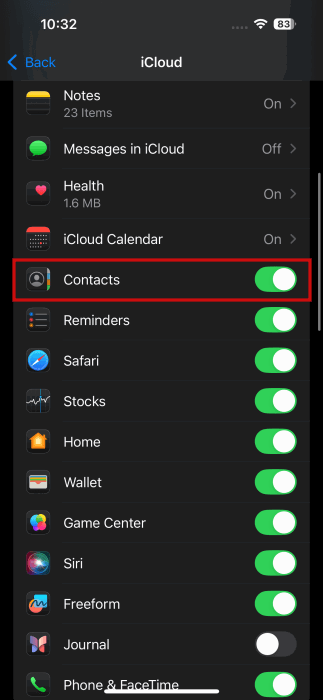 Проверка включённости переключателя Контакты в настройках iCloud