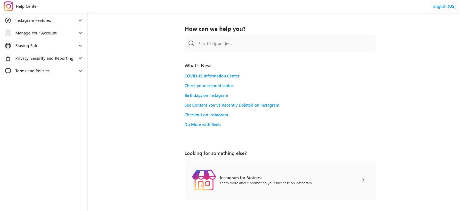 Страница справочного центра Instagram