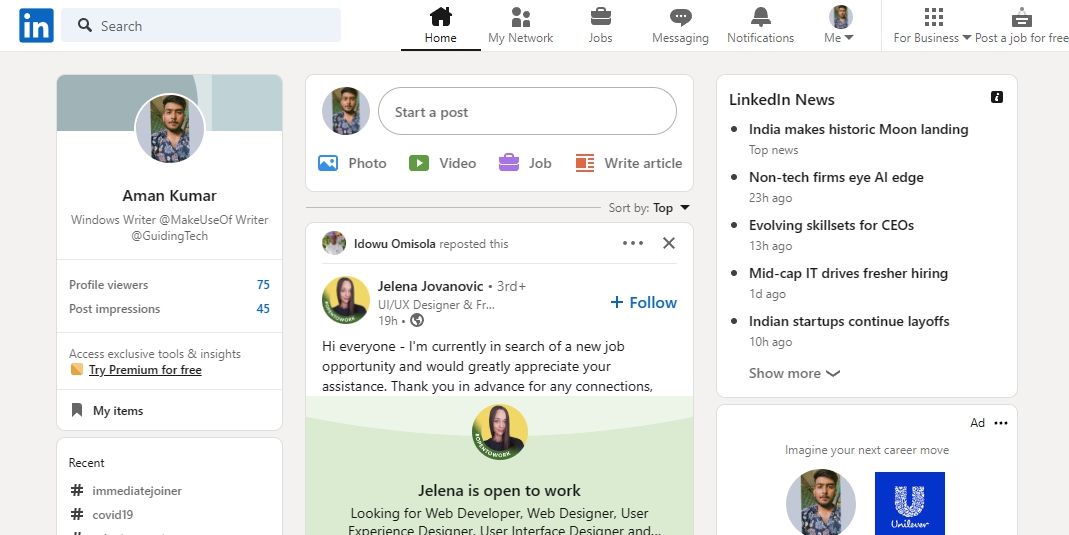 Пункт «Jobs» в верхней панели LinkedIn