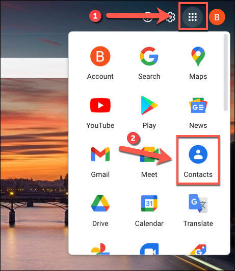 In Gmail, press the apps menu icon > Contacts to view your account contacts menu.