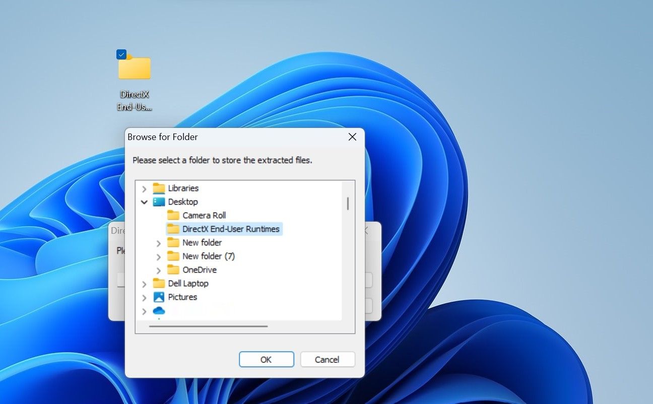 Нажмите ОК после выбора папки для распаковки DirectX