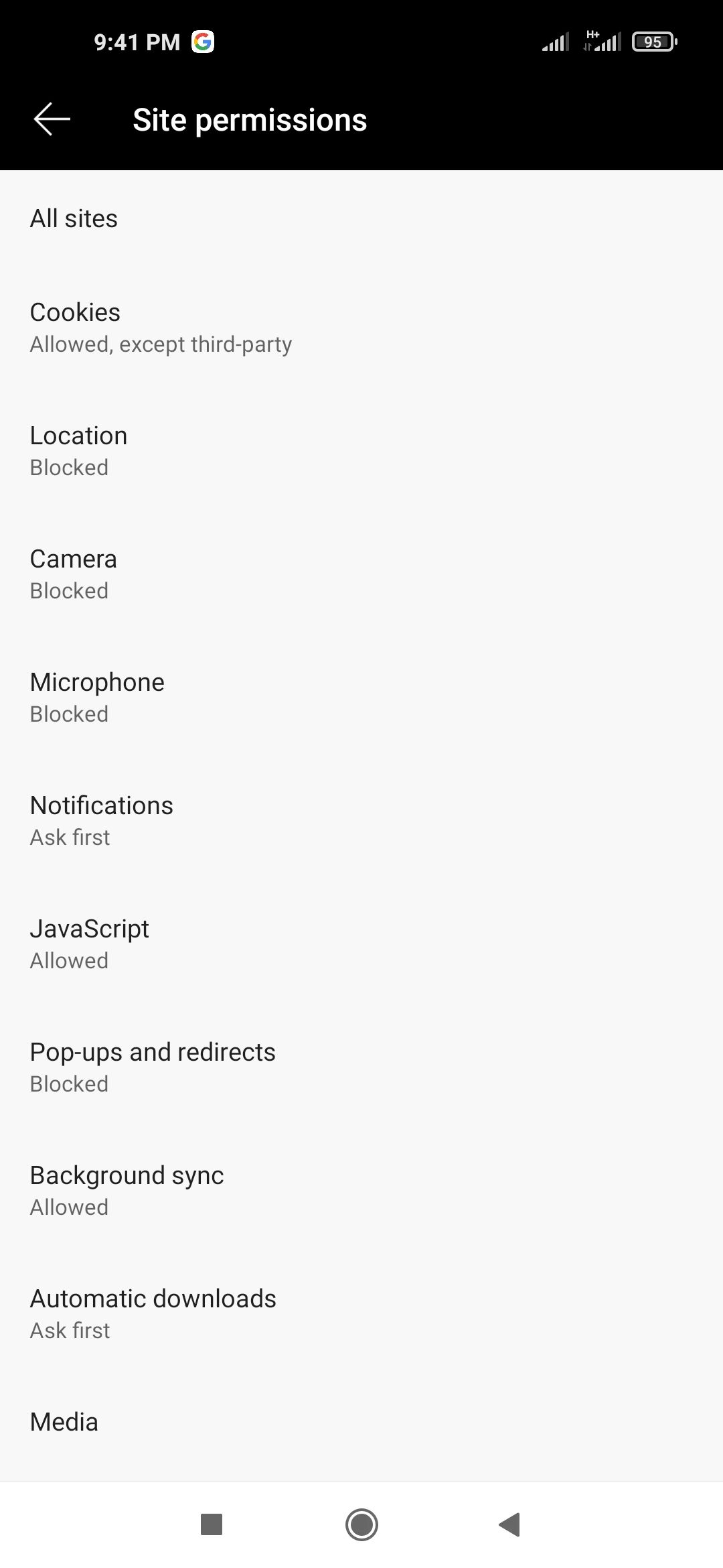 Экран настроек cookie в мобильном Edge