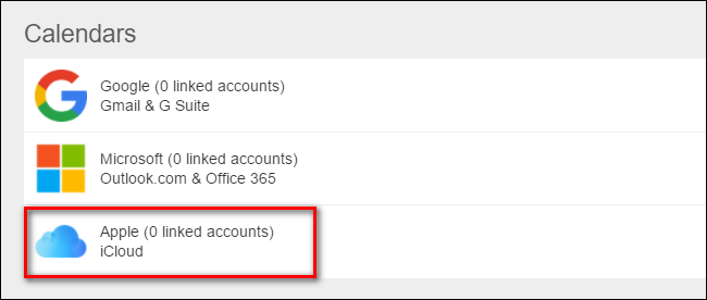 Выбор Apple/iCloud в настройках календаря