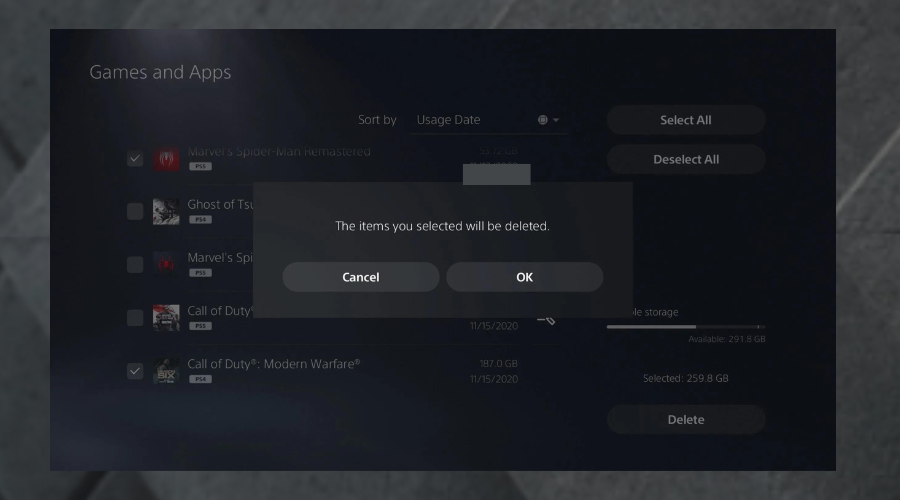 Список игр и приложений на PS5 для удаления