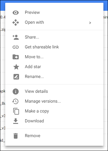 Контекстное меню в веб-интерфейсе Google Drive