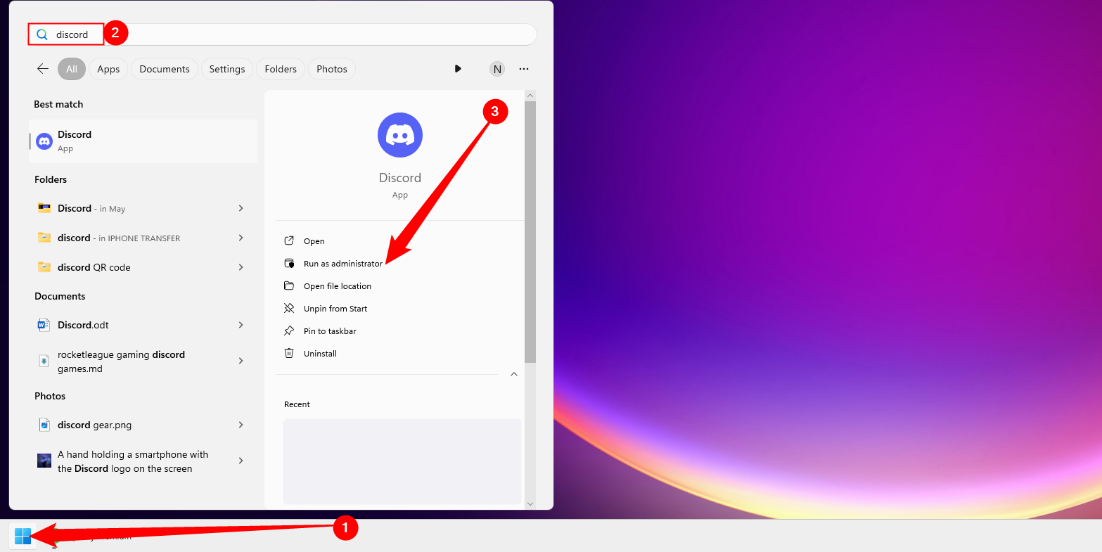 Найдите Discord в меню Пуск и запустите от имени администратора.
