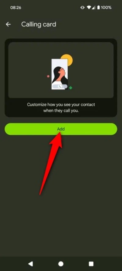 tela para adicionar calling card a um contato