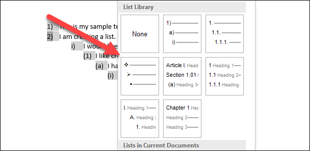 Выбор другого встроенного варианта многоуровневого списка