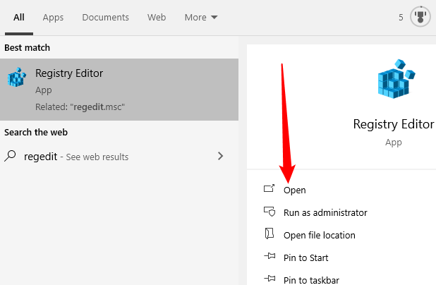 Нажмите «Открыть» или нажмите Enter, чтобы запустить Редактор реестра.