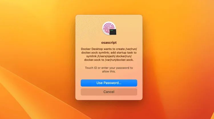 Окно запроса пароля для запуска Docker на Mac