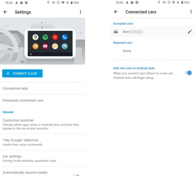 Настройки приложения Android Auto с перечнем ранее подключённых автомобилей