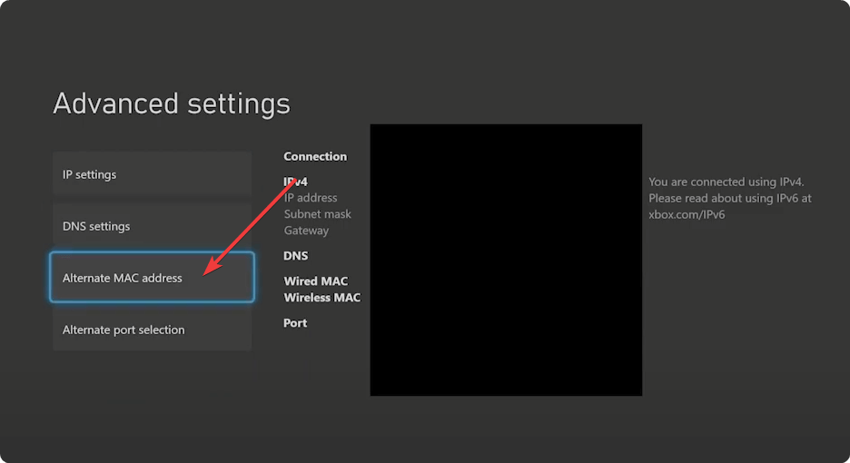 Пункт меню Альтернативный MAC‑адрес в Xbox