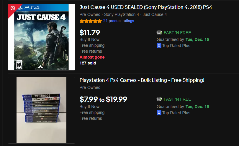 Подержанные диски с играми для PS4 на eBay