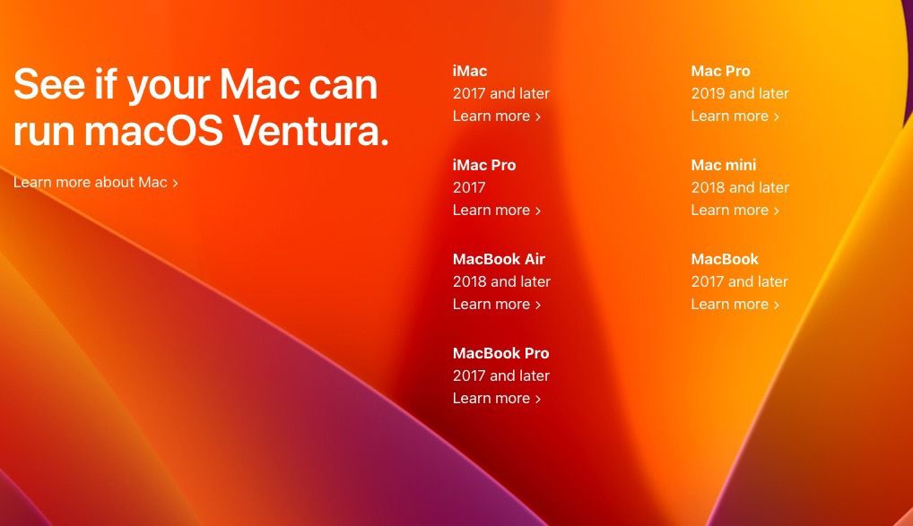 Поддерживаемые модели macOS Ventura