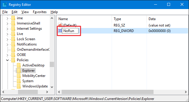 Создание DWORD NoRun в реестре