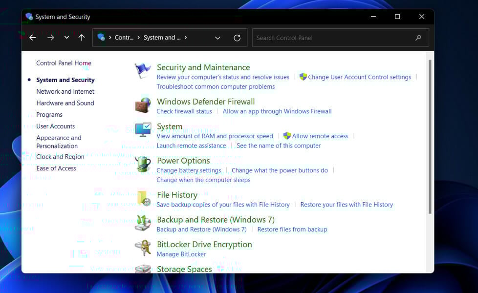 Система и безопасность в Панели управления Windows