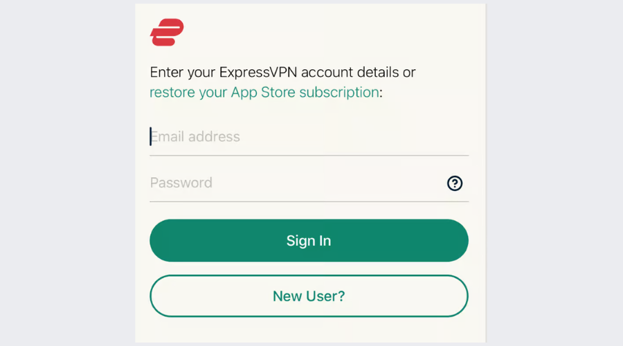 Экран входа ExpressVPN