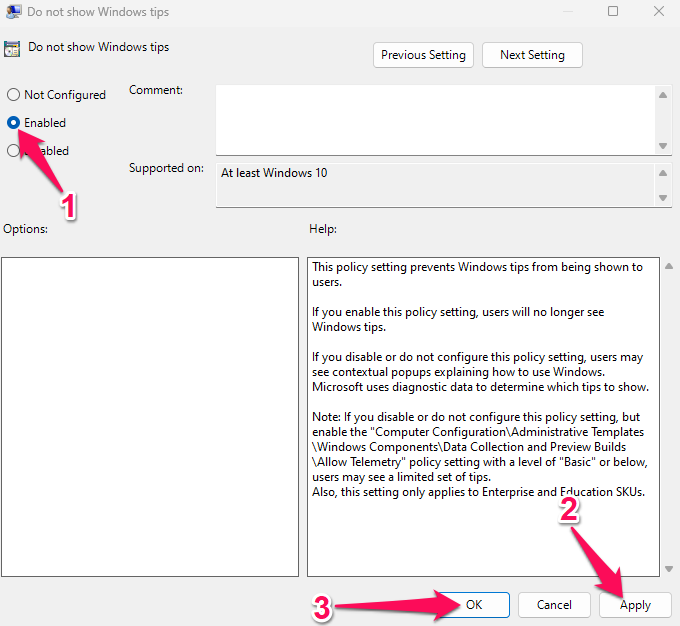 Окно свойства с опцией Включено выделено.