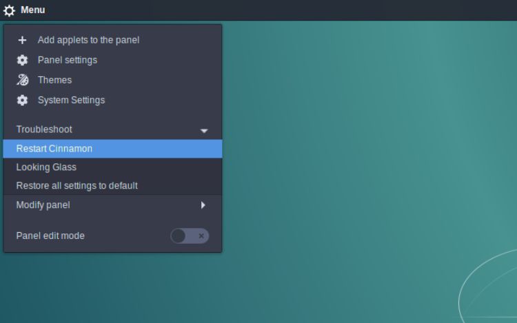 Перезапуск Cinnamon: контекстное меню панели
