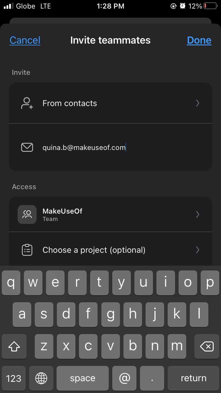 Экран приглашения участников в мобильном приложении Asana