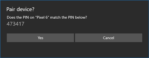 Окно подтверждения сопряжения Bluetooth на Windows 10