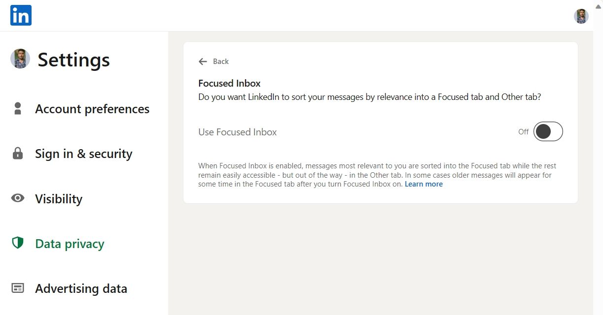 Переключатель Use Focused Inbox в LinkedIn