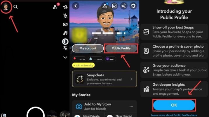 Создание публичного профиля: скриншот интерфейса Snapchat